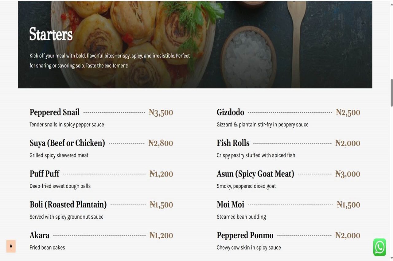 Responsive mobile interface of a premium online ordering website for restaurants featuring the Treasure Bites menu.